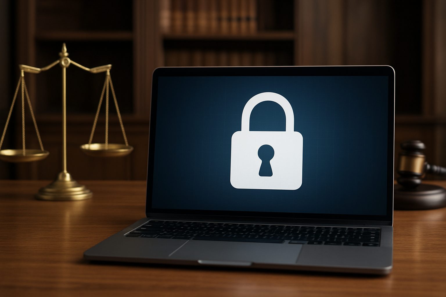 A laptop displaying a lock icon with a gavel and scales of justice in the background, representing legal matters.